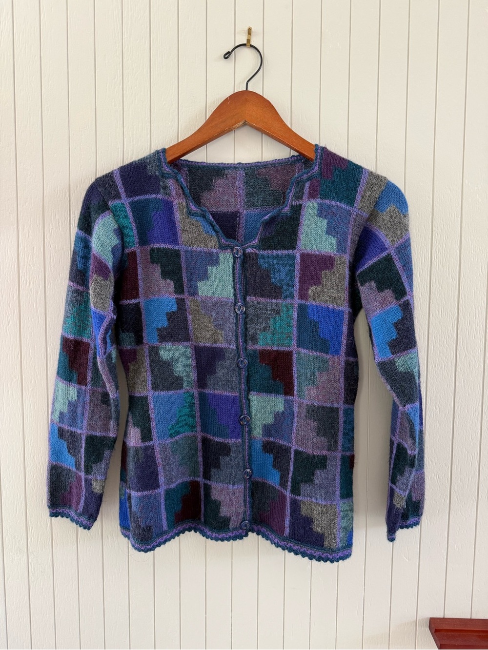 Geometric knit intarsia tonal blue and purple cardigan